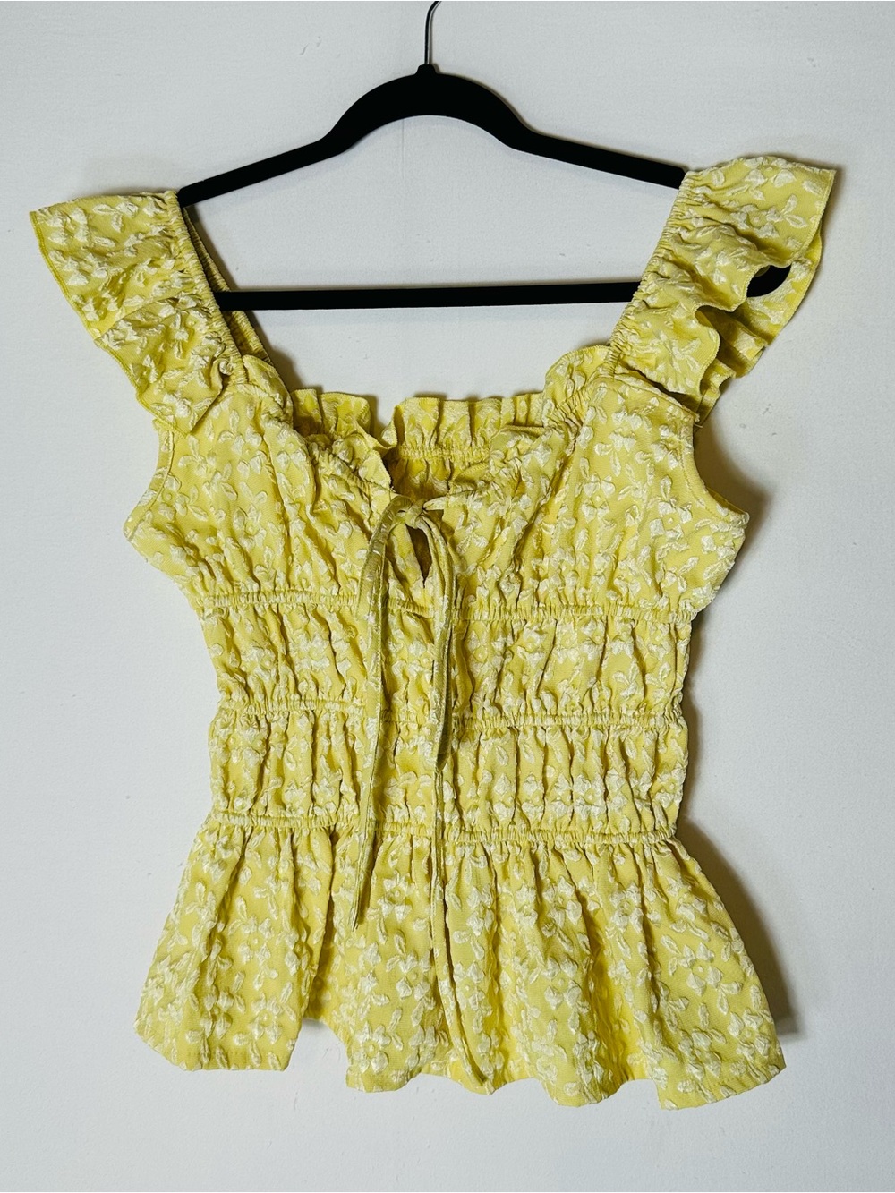 Shein Yellow Ditsy Floral Smocked Peplum Milkmaid Top S Cottagecore Festival